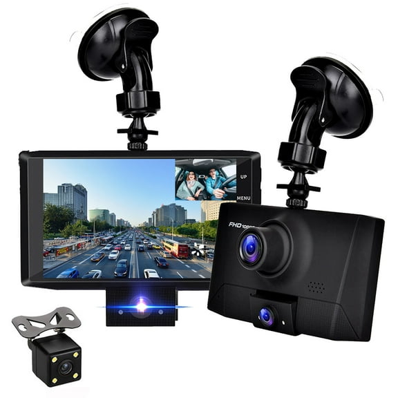 4-Inch Triple Lens Dash Cam 1080P HD, Front Interior Rear Recording with Night Vision – 170° Wide Angle Parking Monitor Motion Detection G-Sensor for Full Coverage