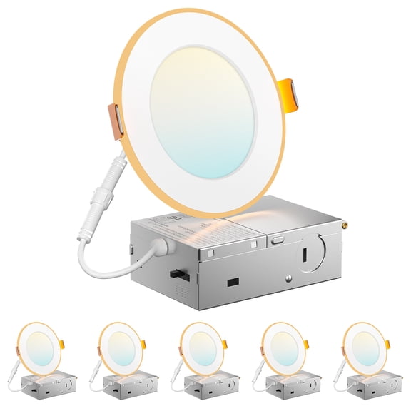 4 Inch Ultra-Thin LED Recessed Downlight with Night Light, 5CCT Dimmable, 6 Pack, Canless Wafer Ceiling Light, 12W=110W, 1100LM, White