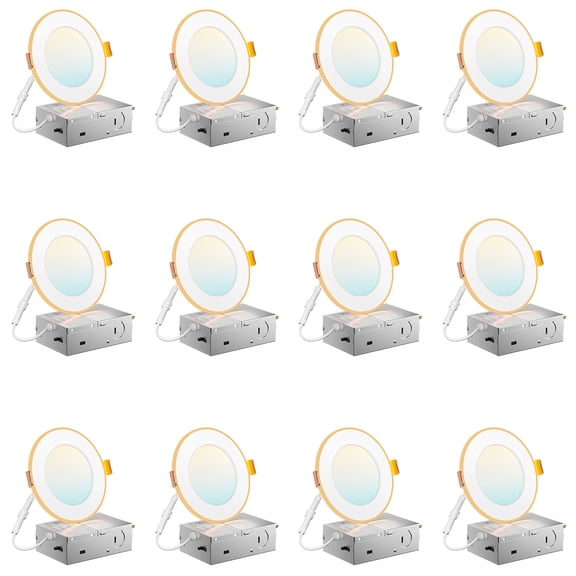 4 Inch Ultra-Thin LED Recessed Downlight with Night Light, 5CCT Dimmable, 12 Pack, Canless Wafer Ceiling Light, 12W=110W, 1100LM, White