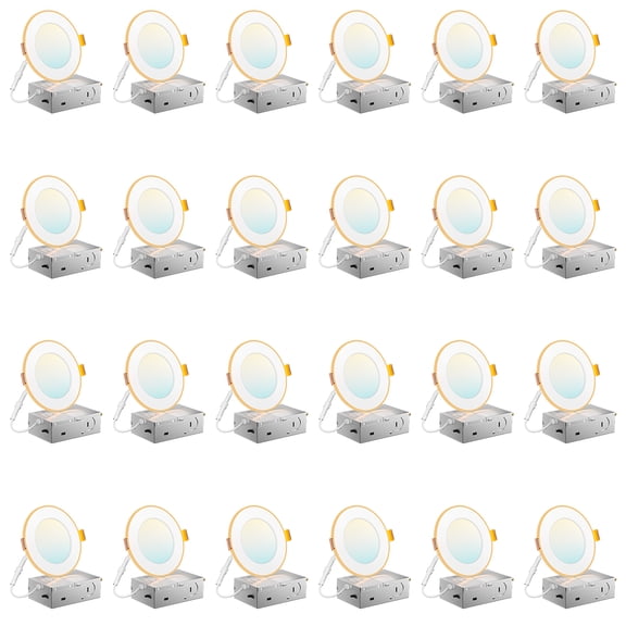 4 Inch Ultra-Thin LED Recessed Downlight with Night Light, 5CCT Dimmable, 24 Pack, Canless Wafer Ceiling Light, 12W=110W, 1100LM, White