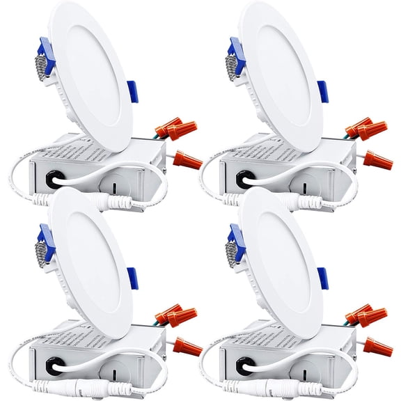 4 Inch Ultra-Thin LED Recessed Light with Junction Box, 4000K Cool White, 10W 80W Eqv. Dimmable Slim LED Downlight, ETL and Energy Star Certified, Pack of 4