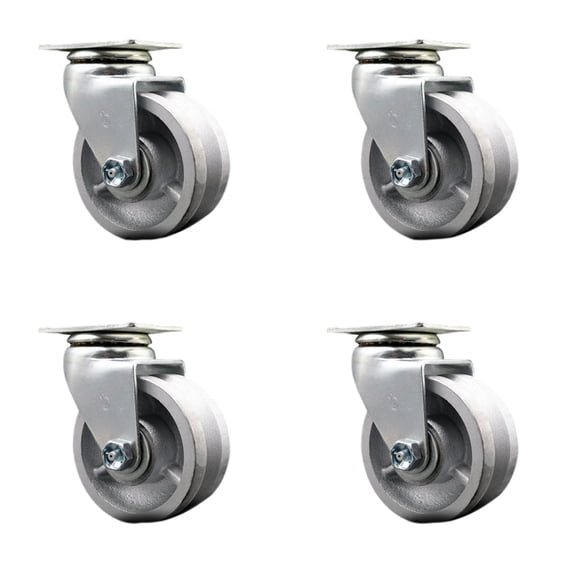 4 Inch V-Groove Semi Steel Cast Iron Wheel Swivel Caster Set with Roller Bearing
