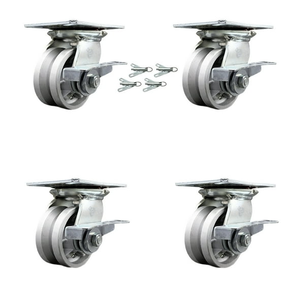 4 Inch V Groove Semi Steel Caster Set with Ball Bearings and Brakes/Swivel Locks