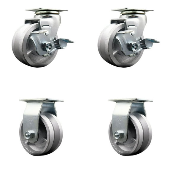 4 Inch V-Groove Semi Steel Caster Set with Bronze Bearings 2 Brakes 2 Rigid SCC