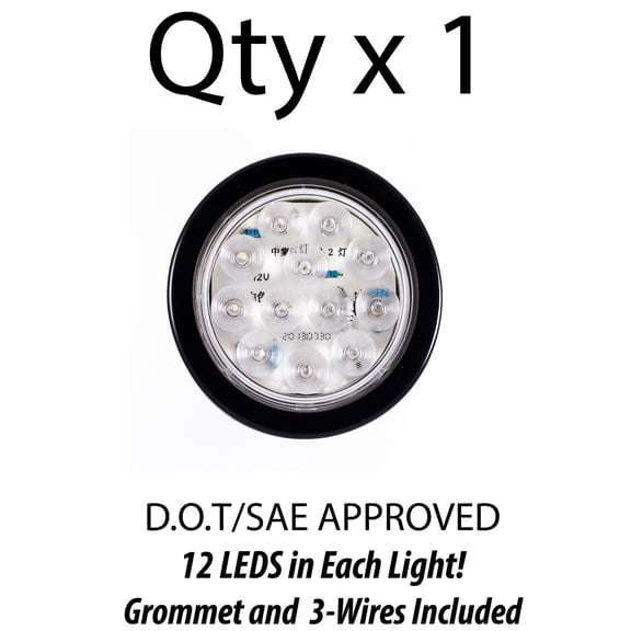 4" Inch White 12 LED Round Backup Tail Truck Light w/ Grommet & Wiring-Qty 1