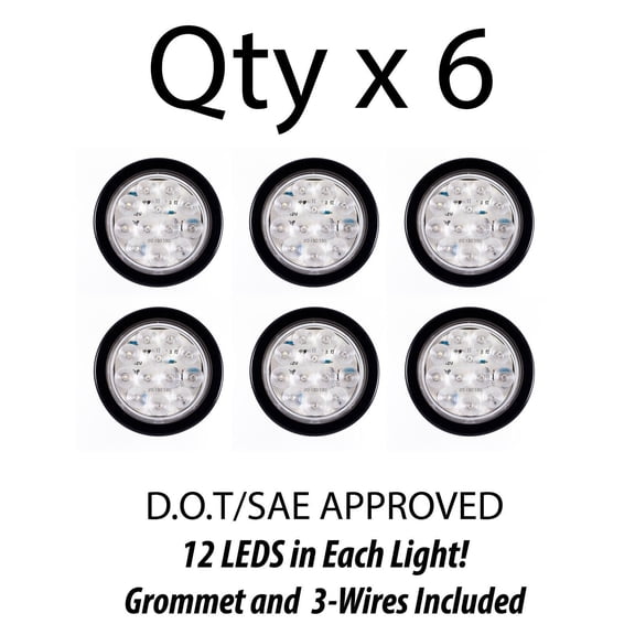 4" Inch White 12 LED Round Backup Tail Truck Light w/ Grommet & Wiring-Qty 6