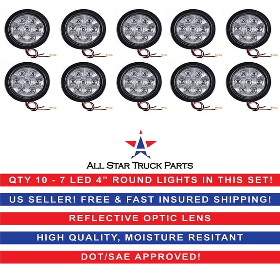 4" Inch White 7 LED Round Backup/Reverse Truck Light w/ Grommet & Pigtail-Qty 10
