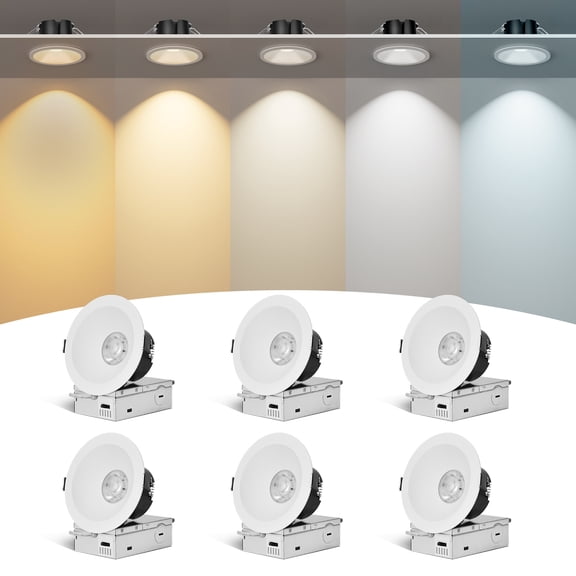 4 Inch White Anti-Glare LED Recessed Downlight, COB Canless Ceiling Spotlight, 5CCT, 130LM/W, 16W, RA95 Exterior Soffit Lights Outdoor Recessed Lighting, Dimmable, Damp Rated Shower Light, 6-Pack