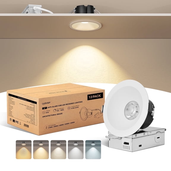 4 Inch White Anti-Glare Recessed LED Downlight, COB 24°Canless Ceiling Spotlight, 5CCT, 130LM/W, 16W, RA95 Exterior Soffit Light Outdoor Recessed Lighting, Dimmable, Damp Rated Shower, 12-Pack
