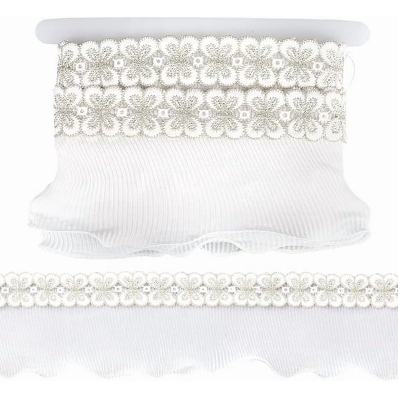 4 Inch White Butterfly Chiffon Lace Ribbon Pleated Satin Lace Edge Trim 5 Yards Ruffle Edging Trimmings Fabric for Cloth Applique Embellishment Wedding DIY Sewing Crafts White