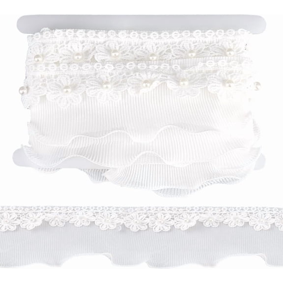 4 Inch White Flower Ruffle Lace Ribbon Pleated Satin Lace Edge Trim 5 Yards Floral Chiffon Edging Trimmings Applique for Cloth Applique Embellishment Wedding DIY Sewing Crafts