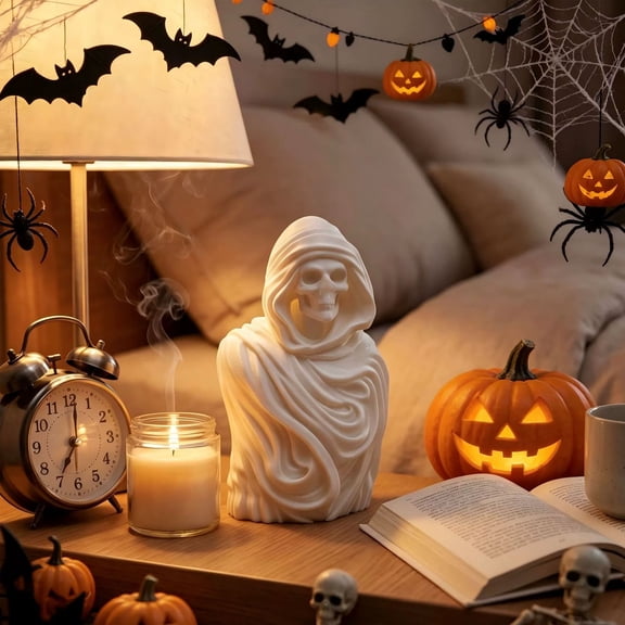 4 Inch White Grim Reaper Resin Statue, Halloween Ghost Robe Skeleton Bust Tabletop Decor for Spooky Season Display (White)