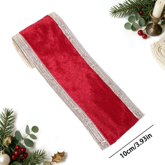 4 Inch Wide Velvet Ribbon with Silver Trim, Wired Edge Velvet Ribbon, Christmas Embossed Border Fabric Ribbon for Gift Wrapping, Wreath, Tree & Bow Craft Decor, 16.4Ft
