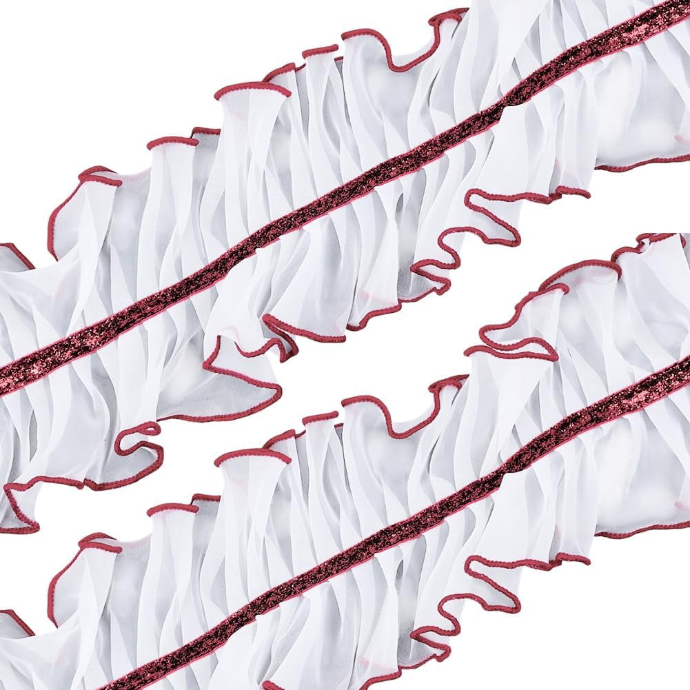 Red Ribbon Ruffle Trim 4 Inch Wide White Ruffled Pleated Lace Trim Red Double Ruffle Gathered ...