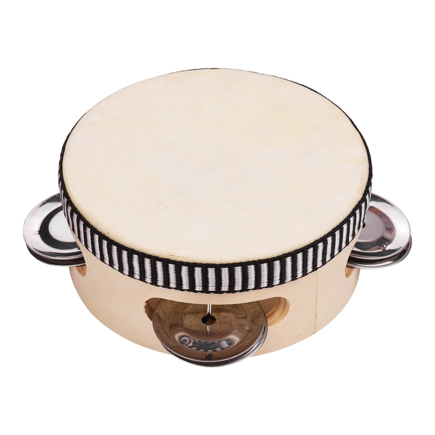 4 Inch Wooden Hand Tambourine with Metal Single Row Jingles