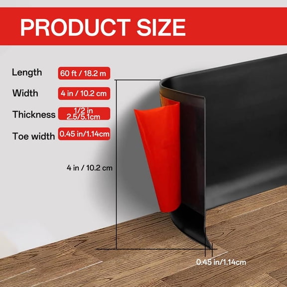 4 Inch X 60 Baseboard Molding Trim, Flexible Wall Base, Baseboard Trim, Peel and Stick Molding Flexible Adhesive Rubber Wall Base Moulding for Kitchen, Office, Bedroom, Hotel (Black)