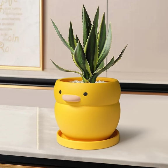 4 Inch Yellow Duck Plant Pot Ceramic Planter with Drainage Tray Indoor Plants Succulent Pot Tabletop Organizer Decor Pen Holder Cartoon Statue Unique Gift