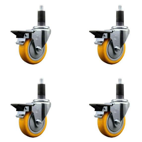 4 Inch Yellow Poly Swivel 1-1/4 Inch Expanding Stem Caster Set with Brake SCC