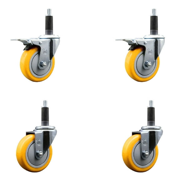 4 Inch Yellow Poly Swivel 1 Inch Expanding Stem Caster Set 2 Total Lock Brakes