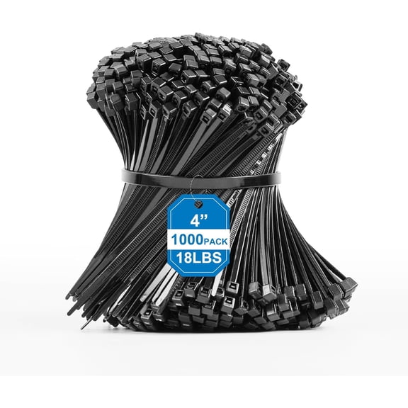 4 Inch Zip Ties 1000 - Black Nylon PA66, 18 lbs Strength, UV & Flame Resistant, Halogen-
