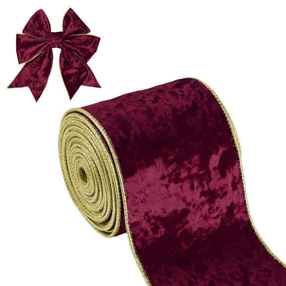 4 Inch x 10 Yards Velvet Wired Ribbon, Velvety Gold Crushed Ribbons Single Faced Gift Wrapping Binding for Crafts Bow Wreaths Chrismas Tree Decorations, Burgundy