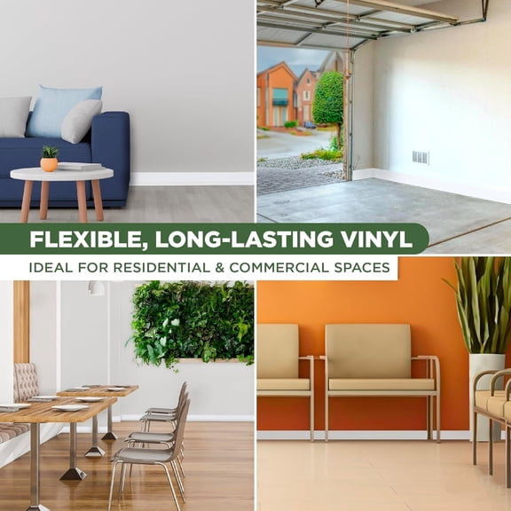 4-Inch x 60-Feet Dry Back Vinyl Wall Base, Flexible Dry Back Vinyl Trim with Toe - Easy Install Molding Trim for Floors and Baseboards, White