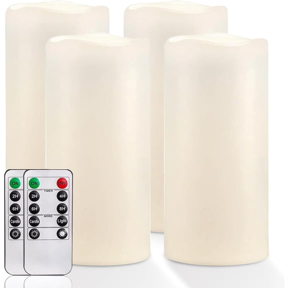 4 Inch x 8 Inch Large Waterproof Outdoor Flameless LED Pillar Candles with Remote Timer Battery Operated Flickering Set of 4 Ivory White Bestseling