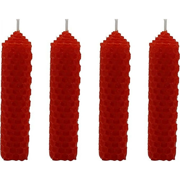 4 Inches 100% Pure Natural Handmade Beeswax Honeycomb Hand Rolled Unscented Tapers Candles (Red x 4, 0.9" x 4")
