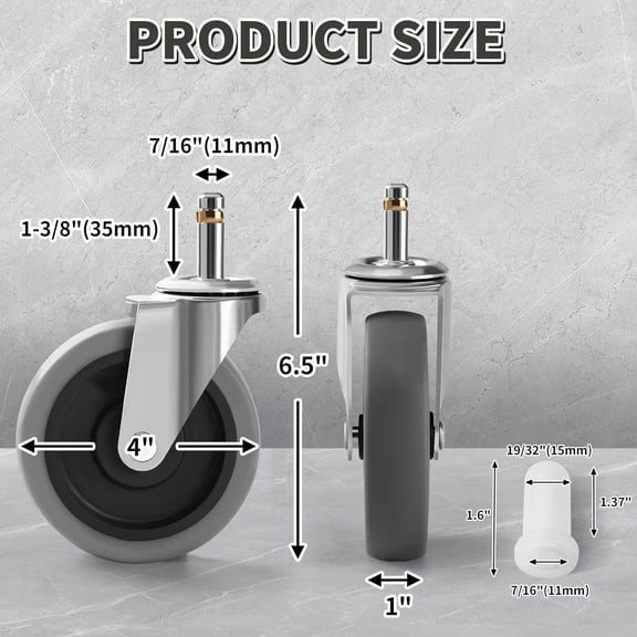 4 Inches Heavy Duty TPR  Caster Wheels with /16 Inch Stem Diameter - Set of 4 for Utility Carts and Equipment