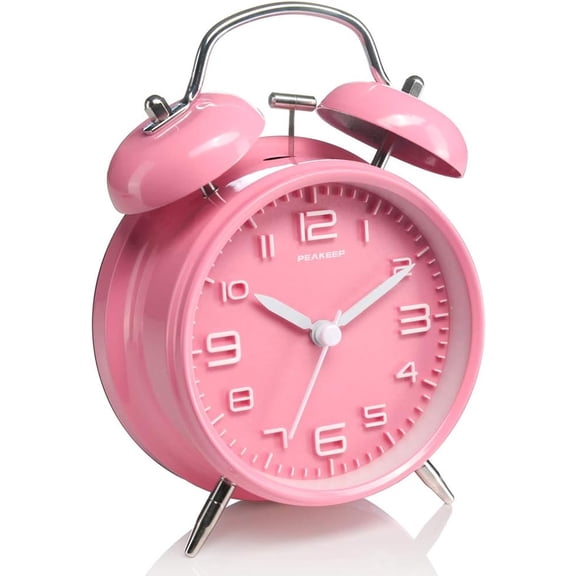 4 Inches Twin Bell Loud Alarm Clock for Heavy Sleepers Kids, Battery Operated Old Fashioned Alarm Clock (3D-Dial, Pink)