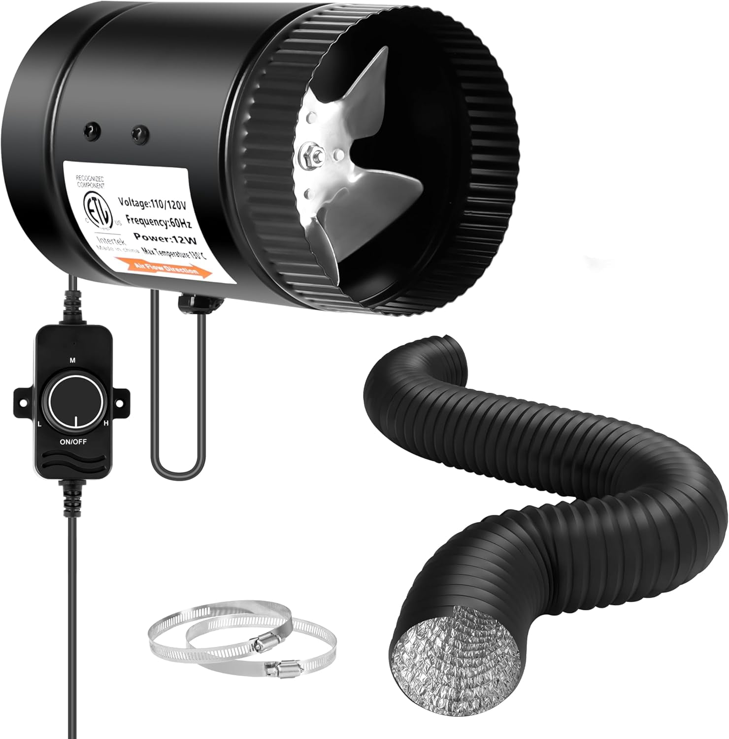 4'' Inline Booster Duct Fan with Speed Controller and Flexible Aluminum ...