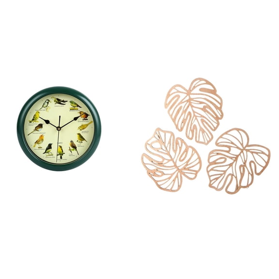 4 Items Wall Clock Sound Clock Palm Leaves Decorative Wood with Hourly Bird Call for Family Bedroom Living Room