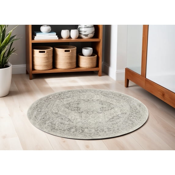 4' Ivory And Gray Floral Medallion Distressed Round Rug - Walmart.com