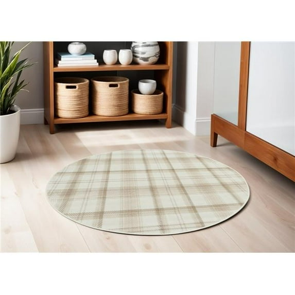 HomeRoots 572327 4 ft. Plaid Power Loom Round Rug, Ivory