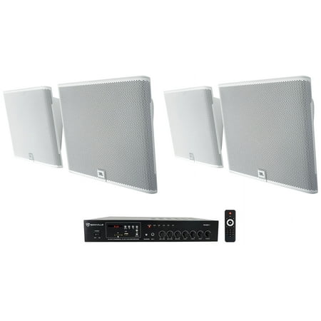 4) JBL SLP12/T-WH White Low-Profile On Wall Mount 3" 70v Commercial Speakers+Amp