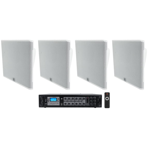 4) JBL SLP14/T-WH Low-Profile On Wall Mount White 4" 70v Commercial Speakers+Amp