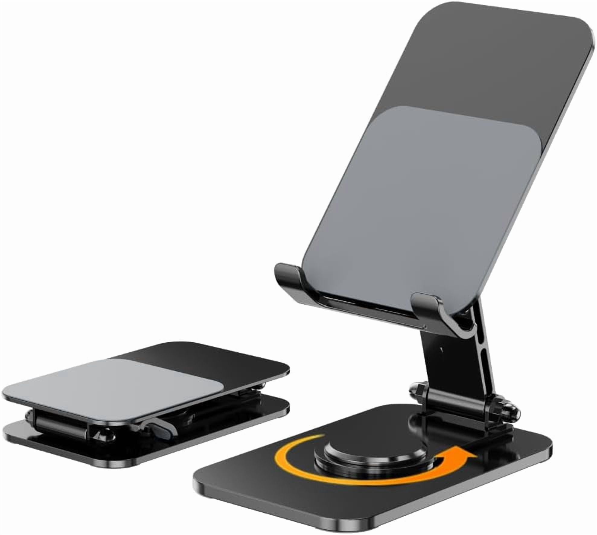4 Joints 360° Rotating Cell Phone Stand for Desk, Adjustable Folding Stand, Aluminum Alloy Arms & Steel Base, Non-Slip Silicone Pads, Scratch-Free iPhone Android, Black