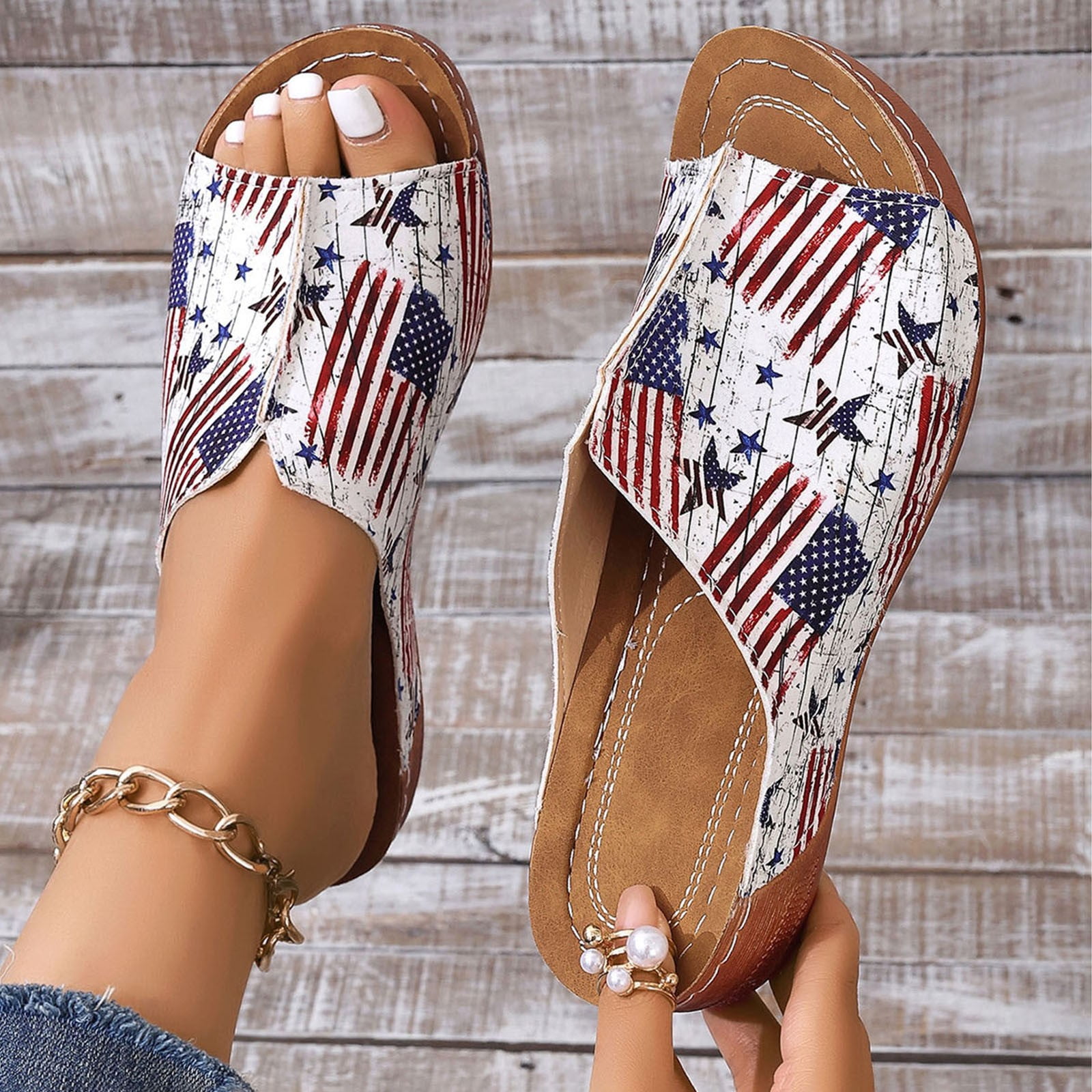 Rhinestone American Flag Thick Sole Slippers