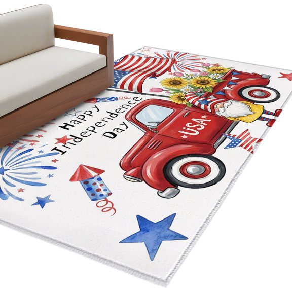 4 of July Area Rug 4x6 Washable Rug Non Slip USA Flag Blue Red Fireworks Truck Gnomes Floral Large Area Rug Indoor Floor Carpet for Entryway Bedroom Kitchen Living Room Office Dining Room Nursery