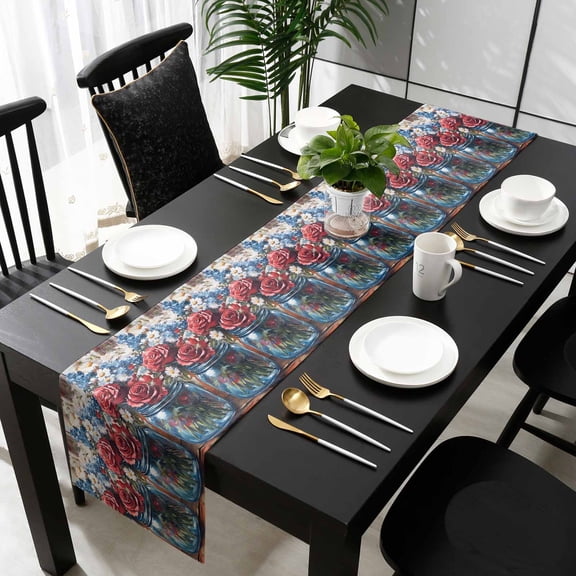 4 of July Cotton Linen Table Runner 13 x 70 inch Independence Day Flowers Retro Pastoral Painting Non-slip Rectangular Dining Table Decor for Wedding Party Holiday Dinner