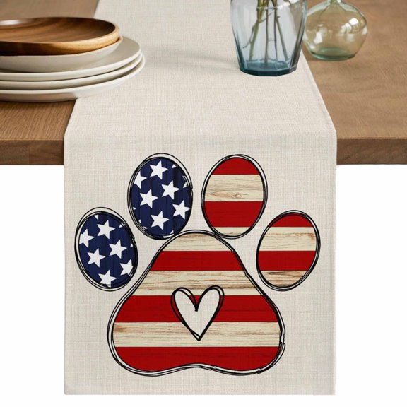 4 of July Table Runner 70 Inches Long,Patriot American Flag Dog Paws Country Vintage Cotton Linen Table Runners Dresser Scarves,Fabric Tabletop Scarf Furniture Cover for Home Dinner Party 13"x70"