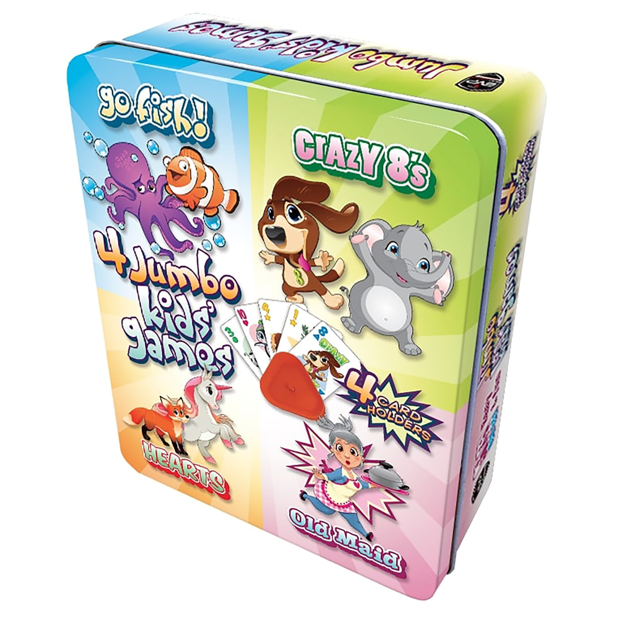 4 Jumbo Kids Games Tin W/ Go Fish, Crazy 8's, Hearts, Old Maid, 4