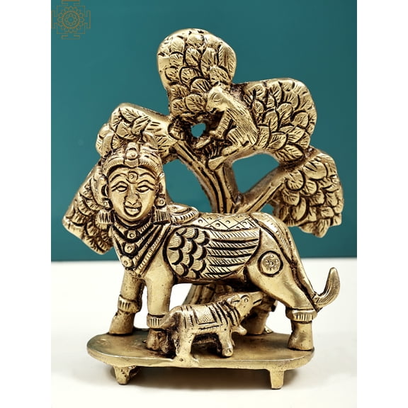4" Kamdhenu Cow and Calf Statue Under Kalpvriksha Tree | Handmade