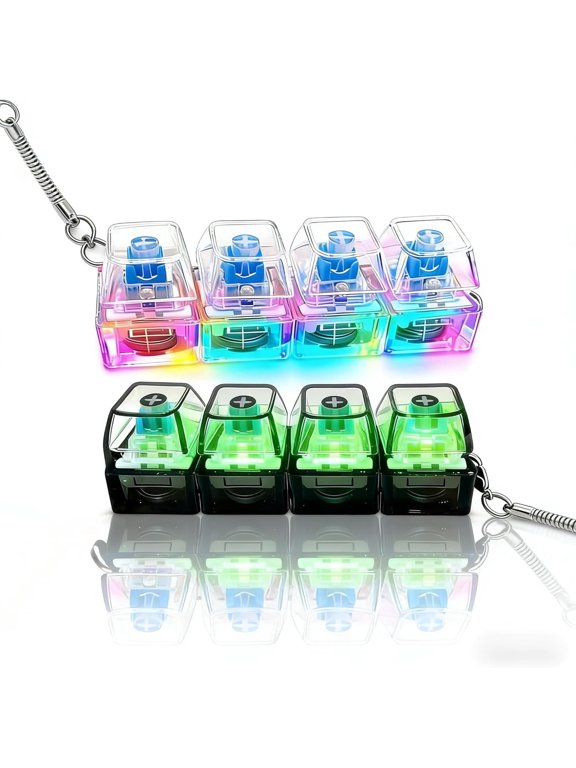 4‑Key Keyboard Fidget Keychain,LED Light Transparent Keycap Stress Relief Toy,Portable Fidget Accessory,Gift for Men and Women