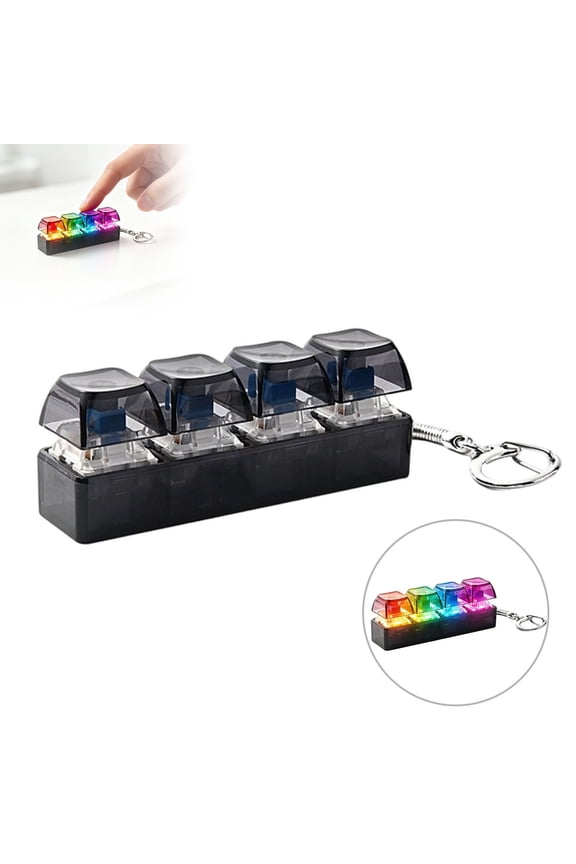 4 Keys Light Up Fidget Keyboard Keychain with Built-in Battery 7 Color Glowing Clicky Mechanical Switch Stress Relief Clicker Toy (Black with Light)