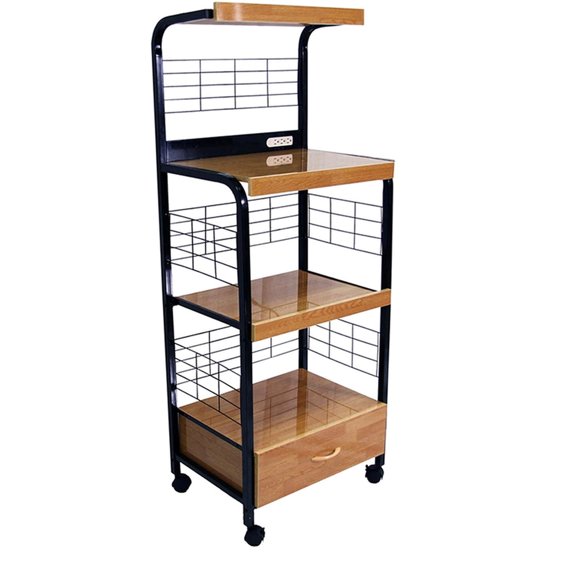4 Kitchen Cart With Drawer And Electrical Outlet, 59.5" Tall, Black Natural Appearance, Metal
