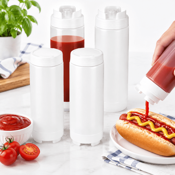 4 Kitchen Squeeze Bottle 32 Oz Drizzle For Sauces & Dressings No Drip Self-sealing Mayonnaise Bottles Inverted Refillable Condime