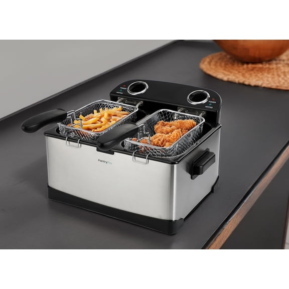 4 L / 4.2 Qt Stainless Steel Double Electric Deep Fryer 1800 W - 2 Drip-Hook Baskets - Dual Temperature Control - Vented Lids - Odor Filter by TheDisplayGuys