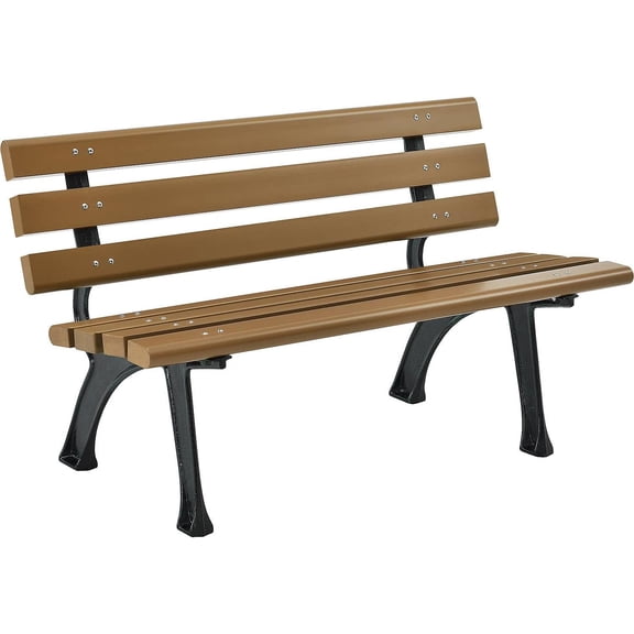 4'L Outdoor Park Bench with Backrest, Recycled Plastic Slats, Wrought Iron Frame, 1100 lbs Capacity, Tan, Surface Mount, Easy Assembly