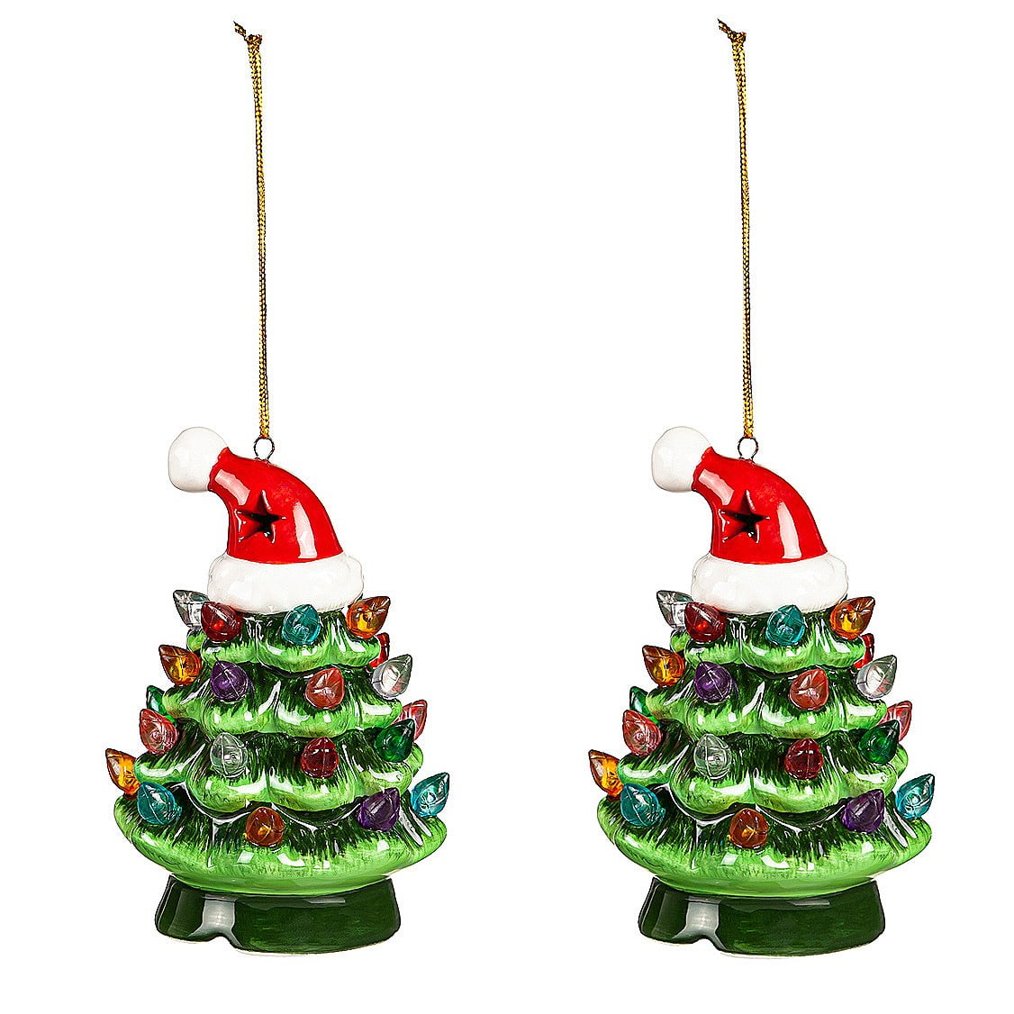 4" LED Ceramic Christmas Tree Ornament with Santa Hat, Set of 2